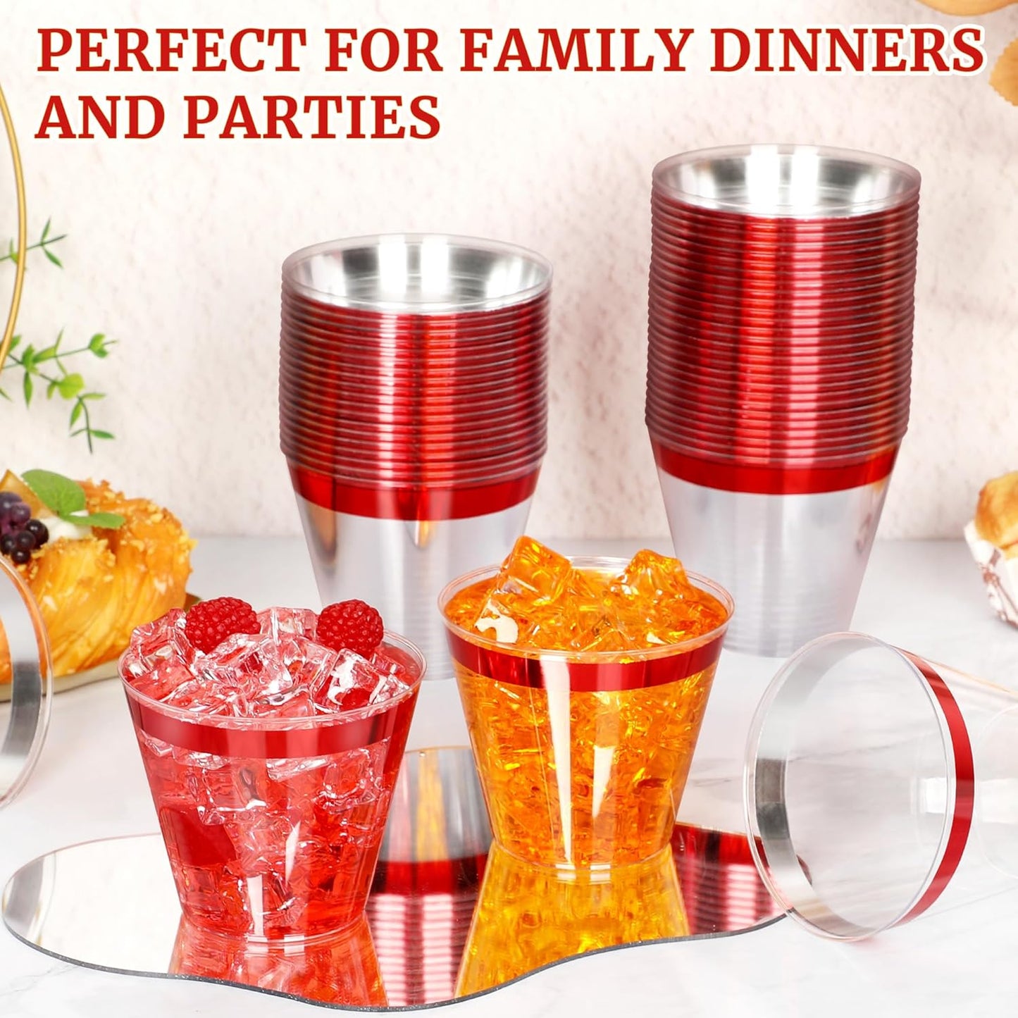 120 Pcs Red Plastic Cups,9Oz Red Rimmed Plastic Cups,Heavy Duty Clear Disposable Plasitc Cocktail Tumblers Wine Cup for Party,Wedding,Birthday,Christmas