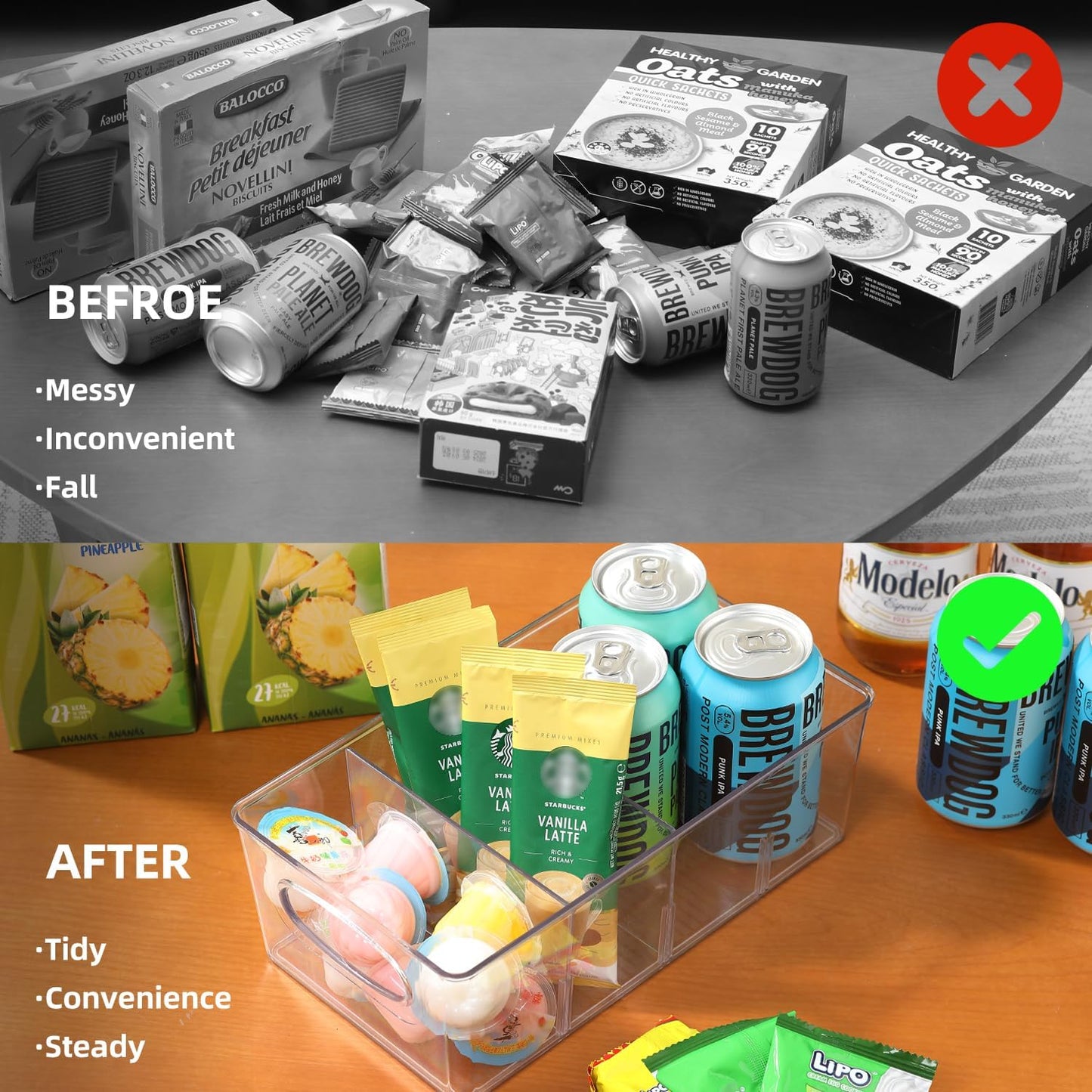 4-Section Divided Storage Plastic Bins, Clear Plastic Food Storage Organizer for Kitchen, Snacks, Spice Packets,Pouches, Stackable Tea Bag Storage Bin (6 Pack)