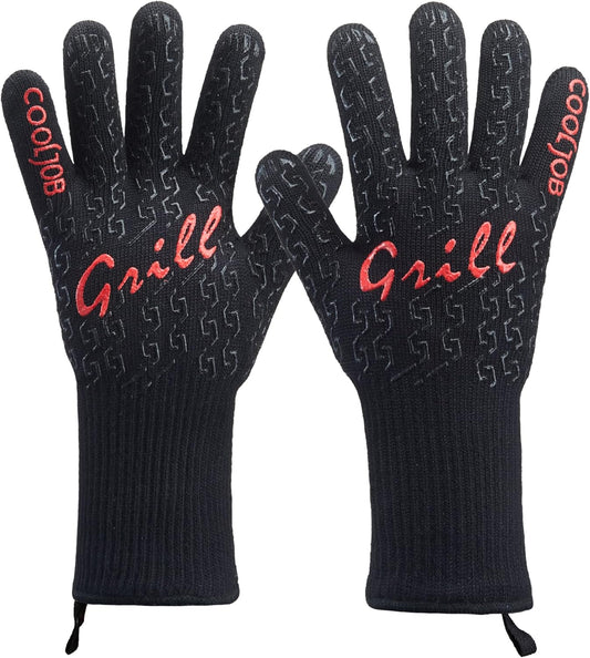 COOLJOB Heat Resistant BBQ Gloves for Hot Temperature Cooking, Barbecue Grilling or Baking Bread Pizza, 800 Degrees Safe Oven Mit with Fingers, Aramid Fiber with Silicone Grip, One Size, Black