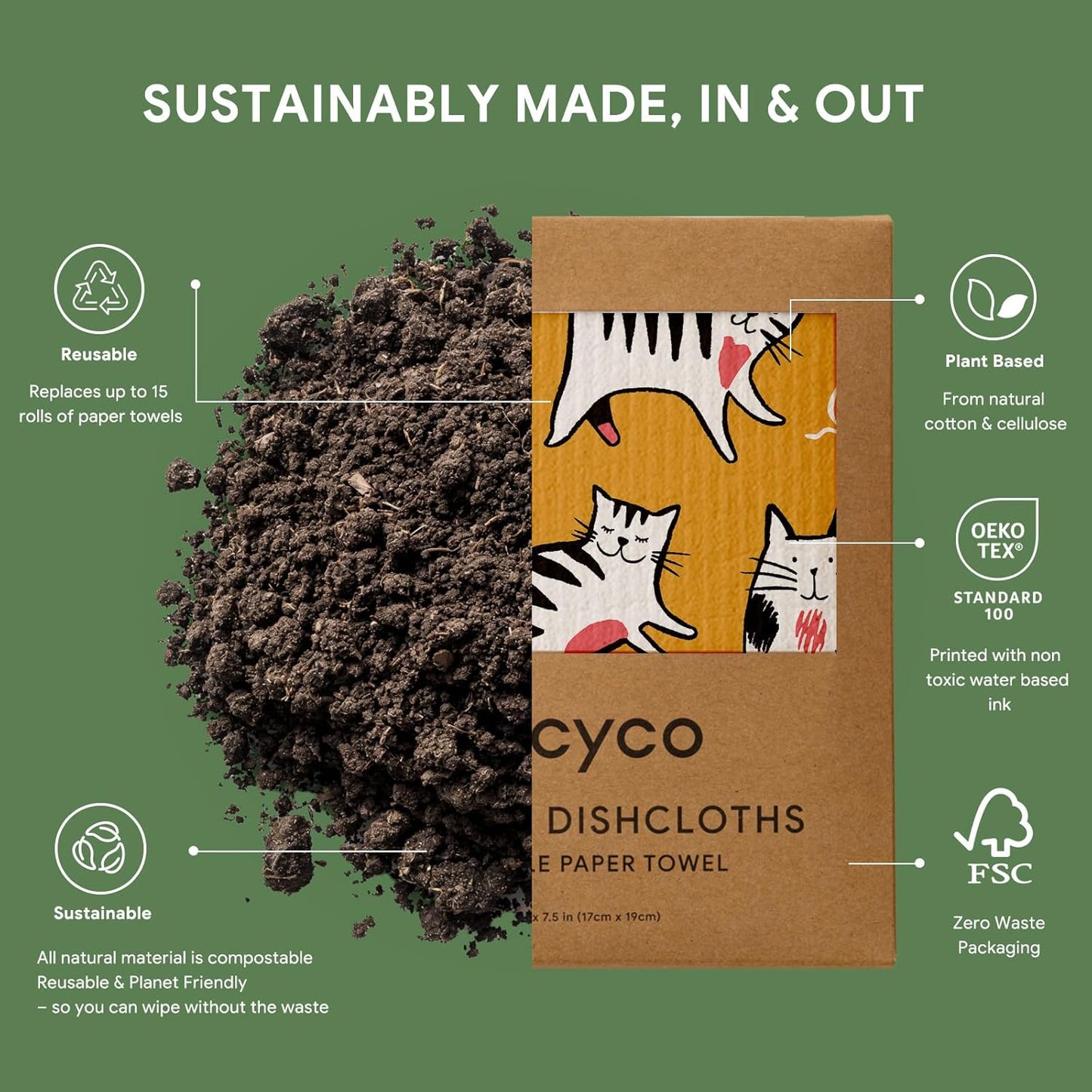 RECYCO Swedish Dishcloths for Kitchen | 6 Pack Cuddly Cats Washable Dish Rags | Cellulose Reusable Cleaning Paper Towels | Absorbent Counter Dish Cloth Sponge Kitchen Wipes, 8" L x 7" W