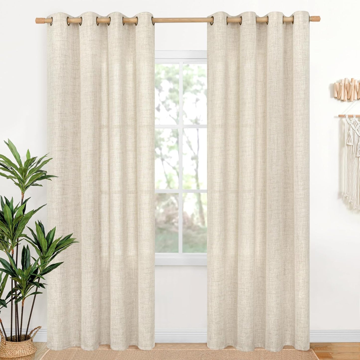 YoungsTex Linen Curtains 80 Inch Length for Living Room 2 Panels, Light Filtering Cream Semi Sheer Window Treatments with Bronze Grommet Privacy for Bedroom Farmhouse Dining, 52 x 80 Inch