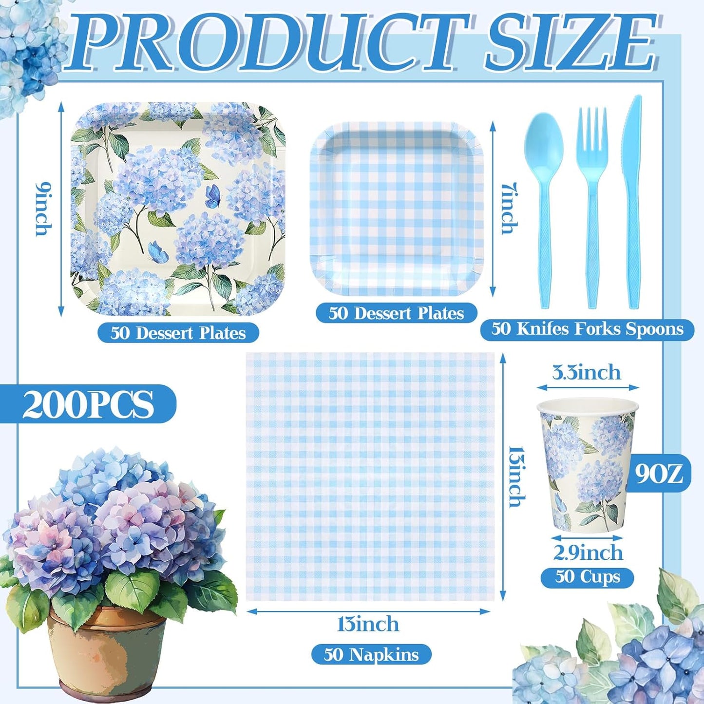 350 Pcs Paper Plates and Napkins Set Disposable Dinnerware Party Supplies Tableware Serve 50 Guest Cups Knife Forks Spoon(Blue,Hydrangea Floral)