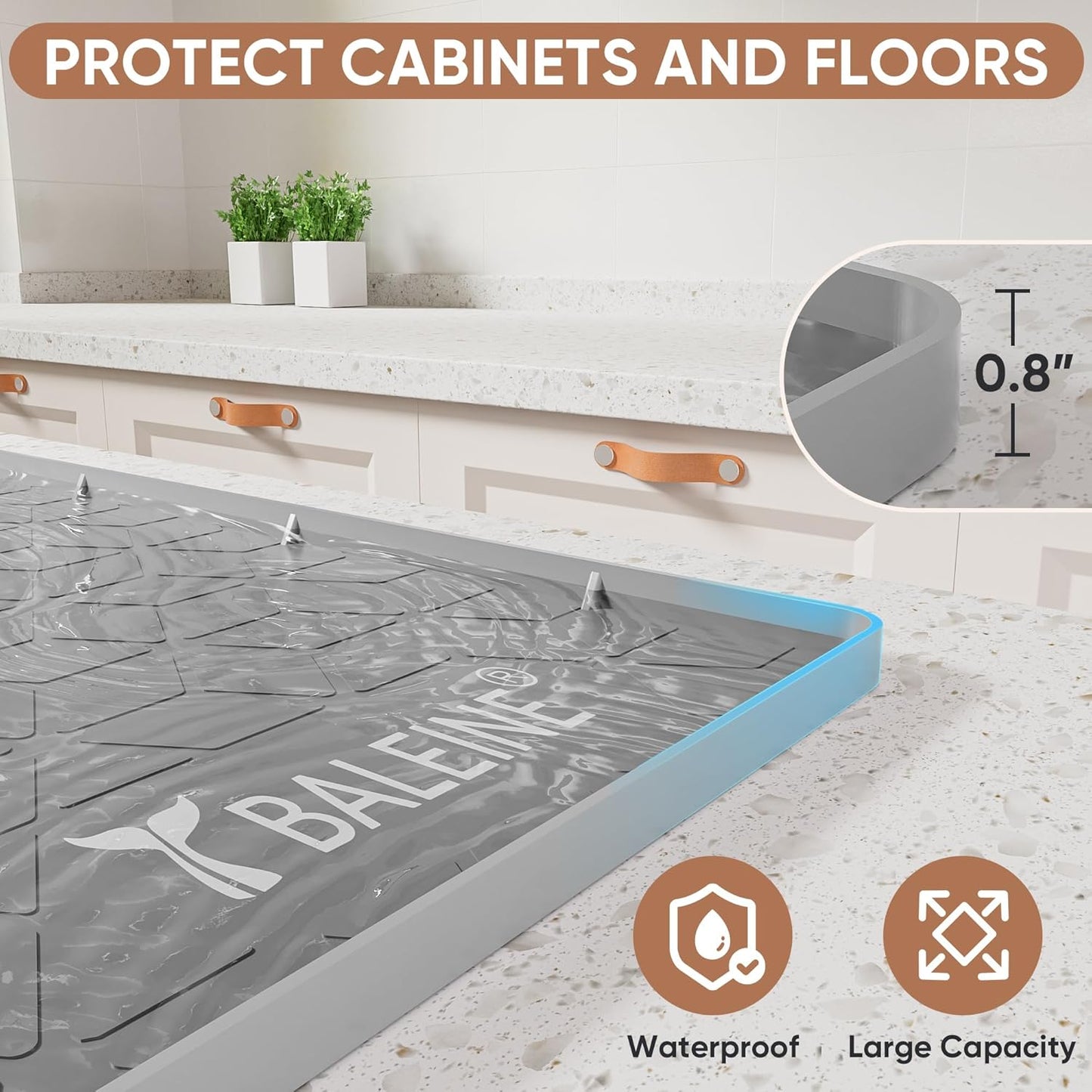 BALEINE 34''×22'' Under Sink Mat, Waterproof Food Grade Silicone Undersink Mat, Cabinet Shelf Drip Tray, Under Sink Liner for Kitchen, Bathroom (Charcoal)