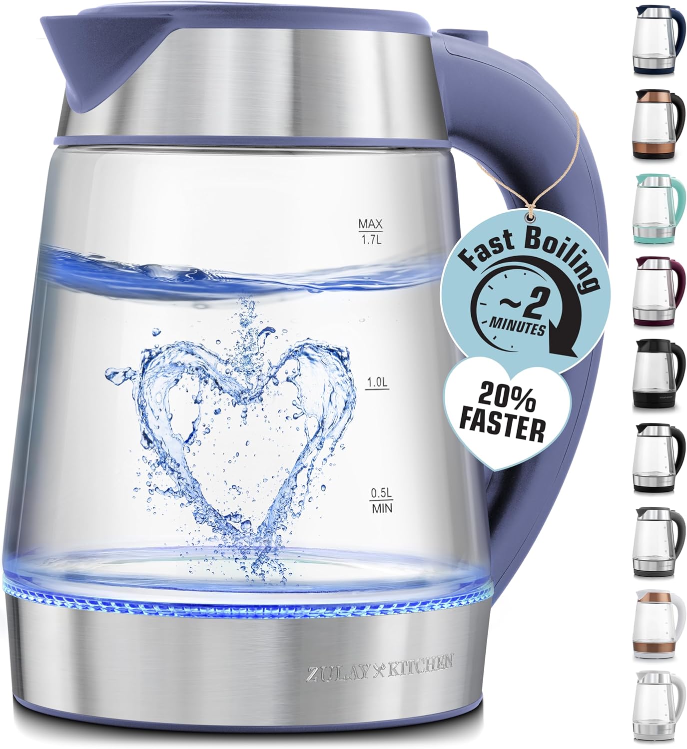 Zulay Kitchen Fast Boiling Electric Water Kettle - 1.7L, 1500W, Auto Shut-Off for Overboil & Boil Dry Protection, Cool-Touch Handle, 360° Base - Rapid Teapot Boiler For Coffee & Tea - Blue