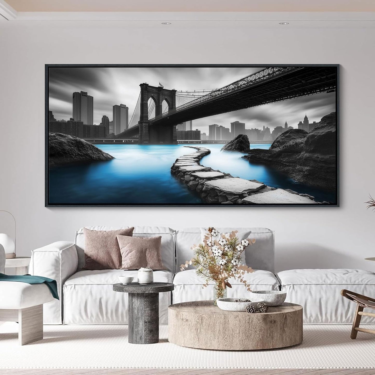 HKDGOKA Large Framed Canvas Wall Art - Black and White Brooklyn Bridge Abstract City Landscape Architecture Pictures Paintings for Living Room Office Bedroom Modern Artwork Home Decor 24x48