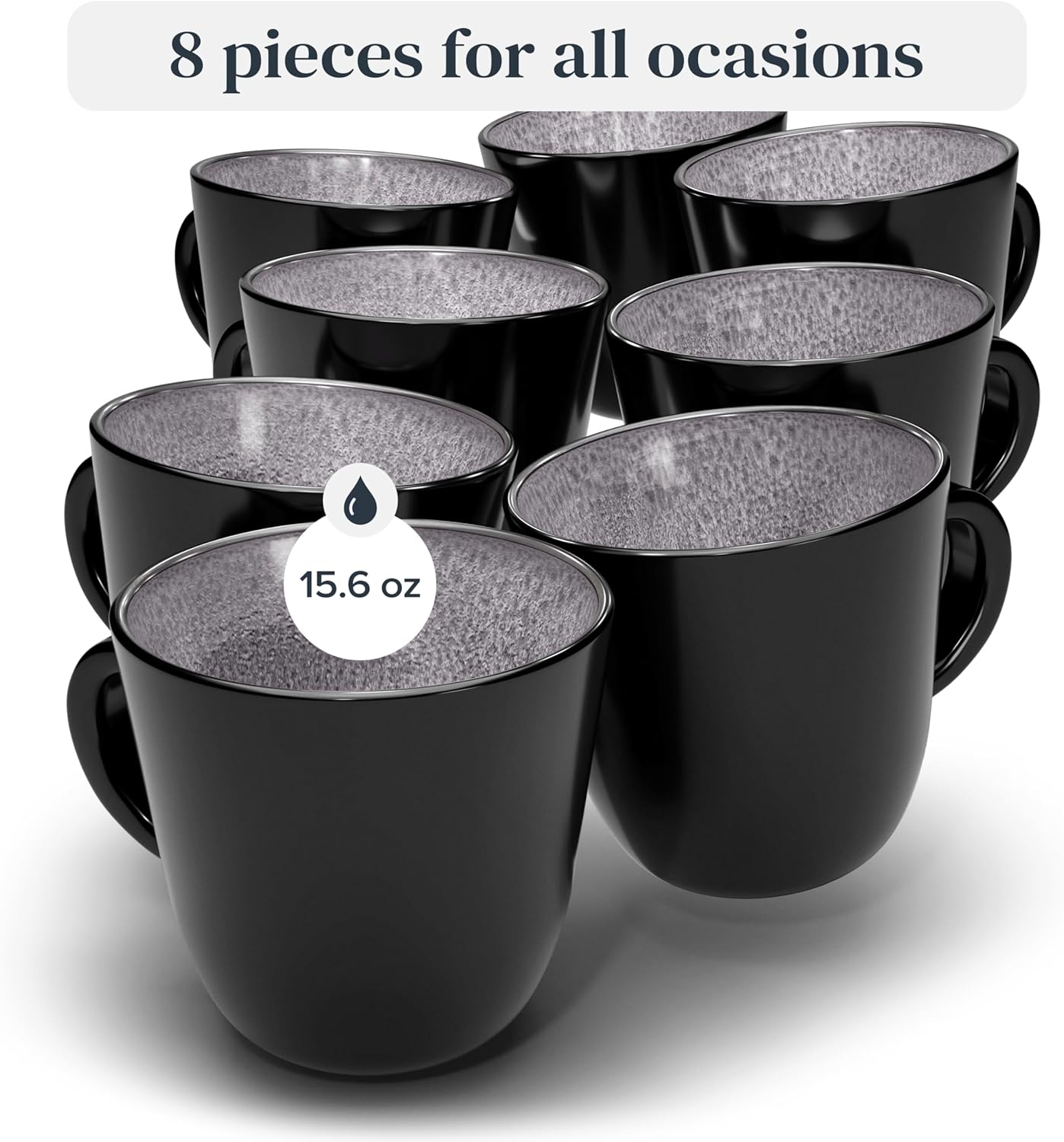 Stoneware coffee mugs set 8 pcs – 14.5 oz dark gray ceramic cups – Dishwasher and microwave safe – Modern stylish coffee cup set – Dinner service