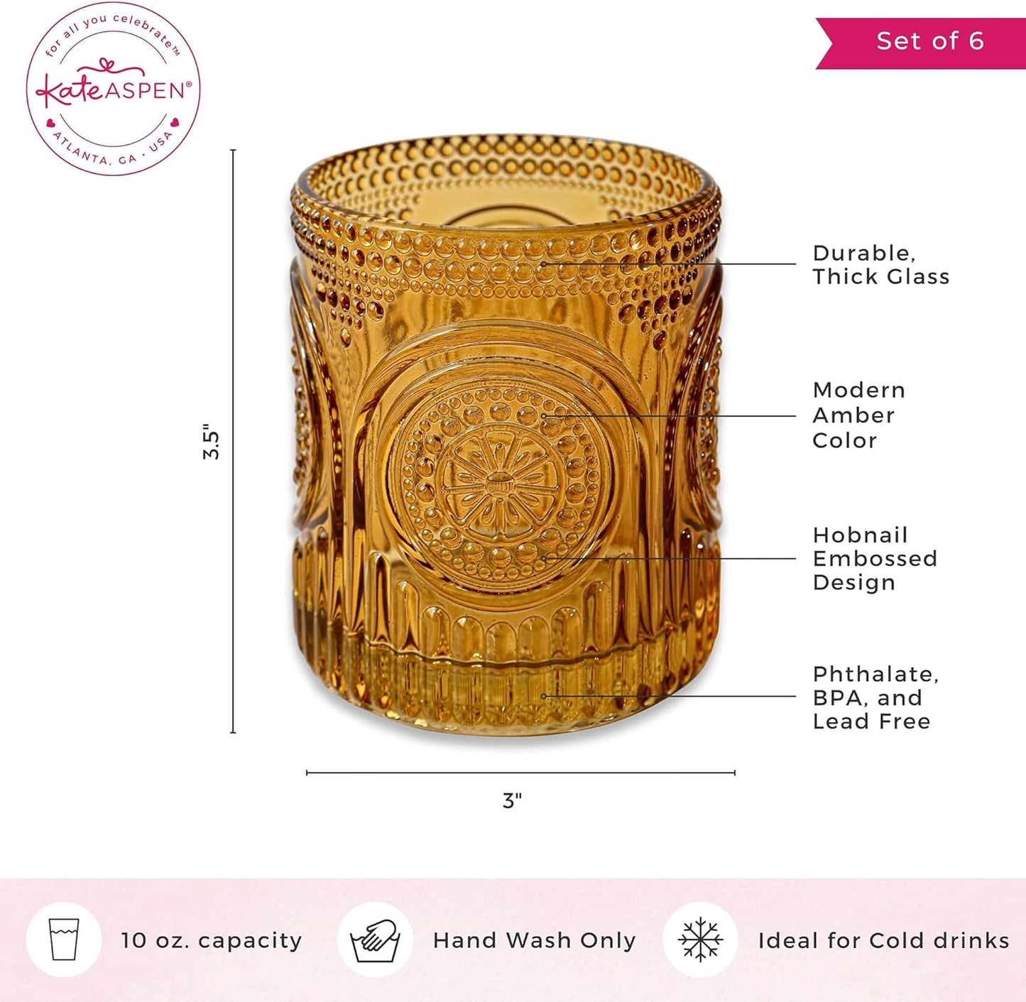 Kate Aspen Vintage Amber Drinking Glasses Set of 6 10 oz Ribbed Glassware for Drinking Water, Juice, Cocktail Glasses - Ribbed Glass Cups Set, Iced Coffee Cup, Kitchen Drinkware or Home Bar