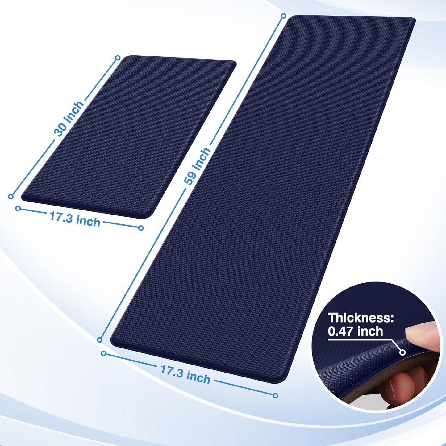 StepRite Kitchen Mats, 2PCS Kitchen Rugs, Cushioned Anti Fatigue Kitchen Mats for Floor, Non-Slip Standing Desk Mat, Waterproof Kitchen Rug Set for Kitchen, Floor, Office, 17.3"x30"+17.3"x47", Blue