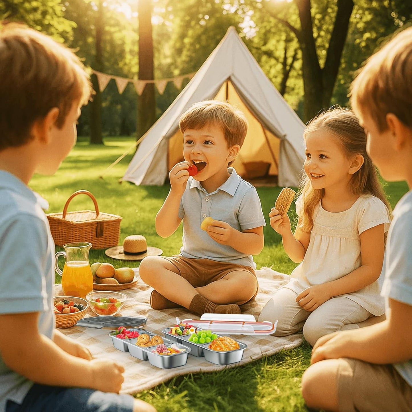 Stainless Steel Snackle Box Container - 3 Compartment Reusable Snack Containers with Lids for Kids, Leak-Resistant Divided Snack Food Storage Containers for School, Office, Travel (Clear)
