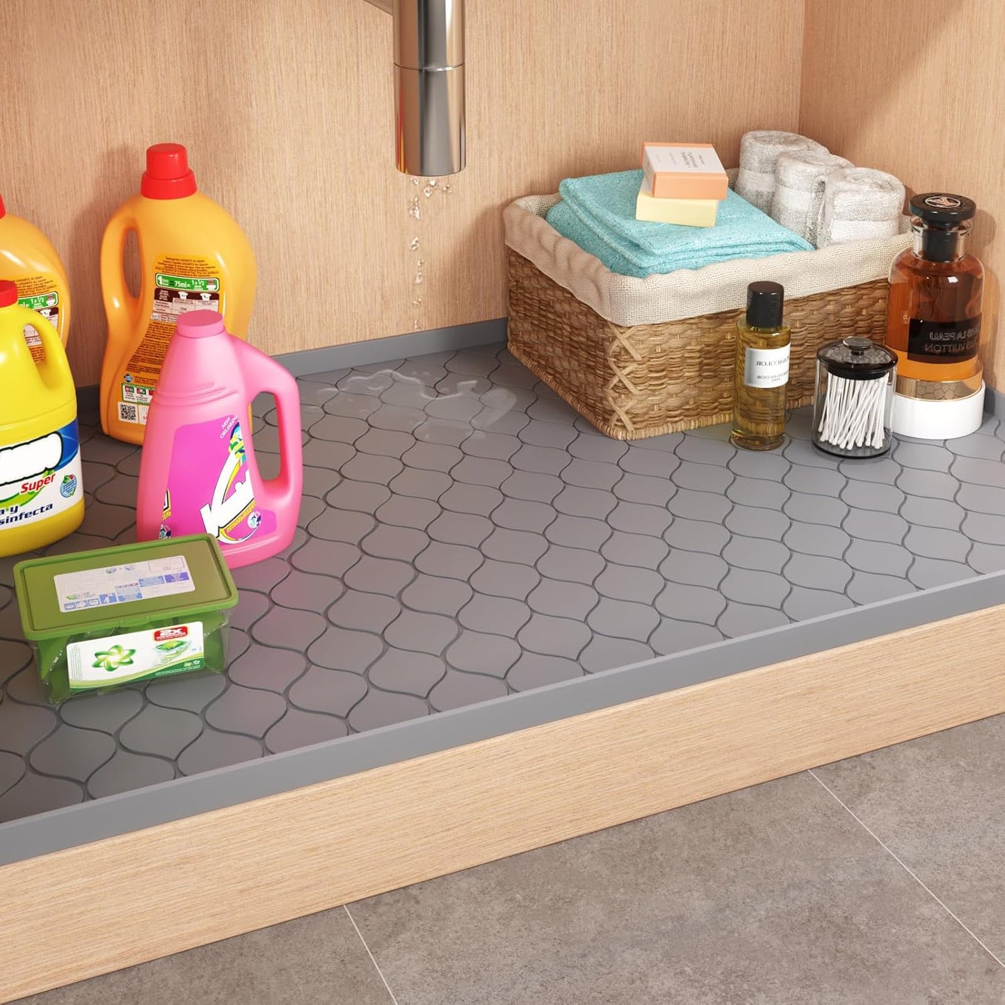 Silicone Under Sink Mat 19" x 19", kitchen Essentials and Gadgets, Shelf liner and Cabinet Protector, Home Organizers and Storage, Waterproof Bathroom Tray