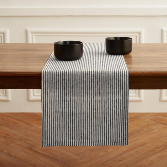 Solino Home Linen Striped Table Runner 108 Inches Long - Narrow Stripe 100% Pure Linen Black and White Dining Table Runner 14 x 108 Inch for Fall, Autumn, Halloween, Thanksgiving, Christmas