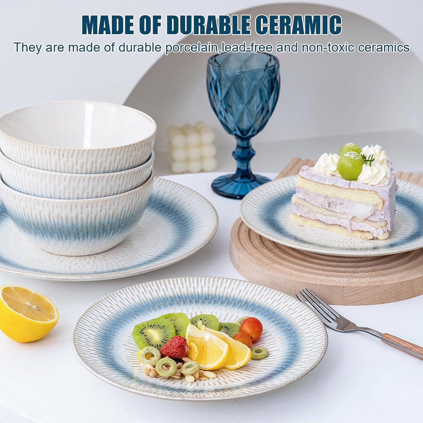 12 Pieces Ceramic Dinnerware Sets, Handmade Reactive Glaze Plates and Bowls Sets, Stoneware Set, Dishwasher & Microwave Safe Dishes set, Blue Relievo