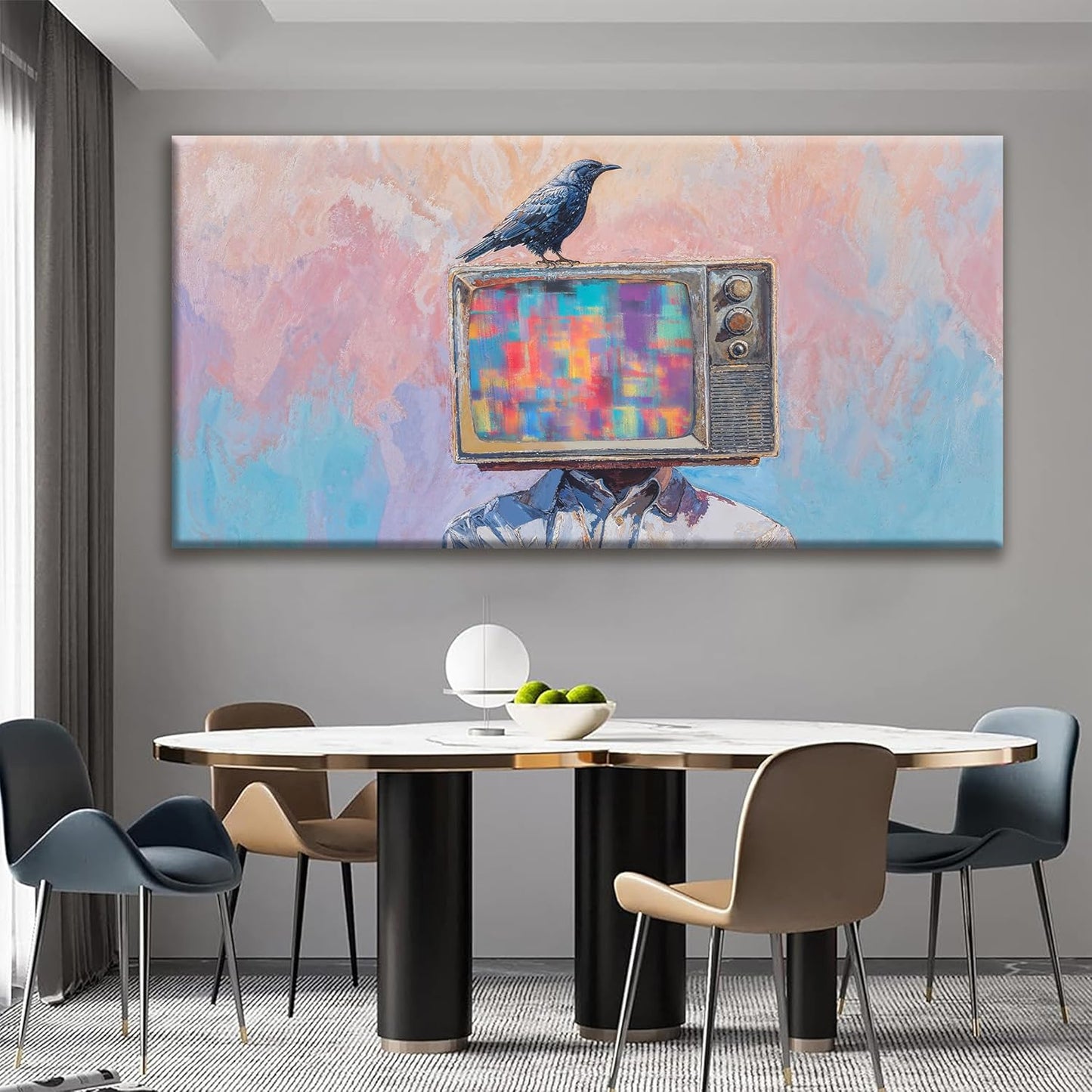 Large Wall Art For Living Room Decor Abstract Crow And Tv Head Art Prints Ready To Hang Room Wall Decor Canvas Wall Art For Office Bedroom Kitchen 29x58 Inch