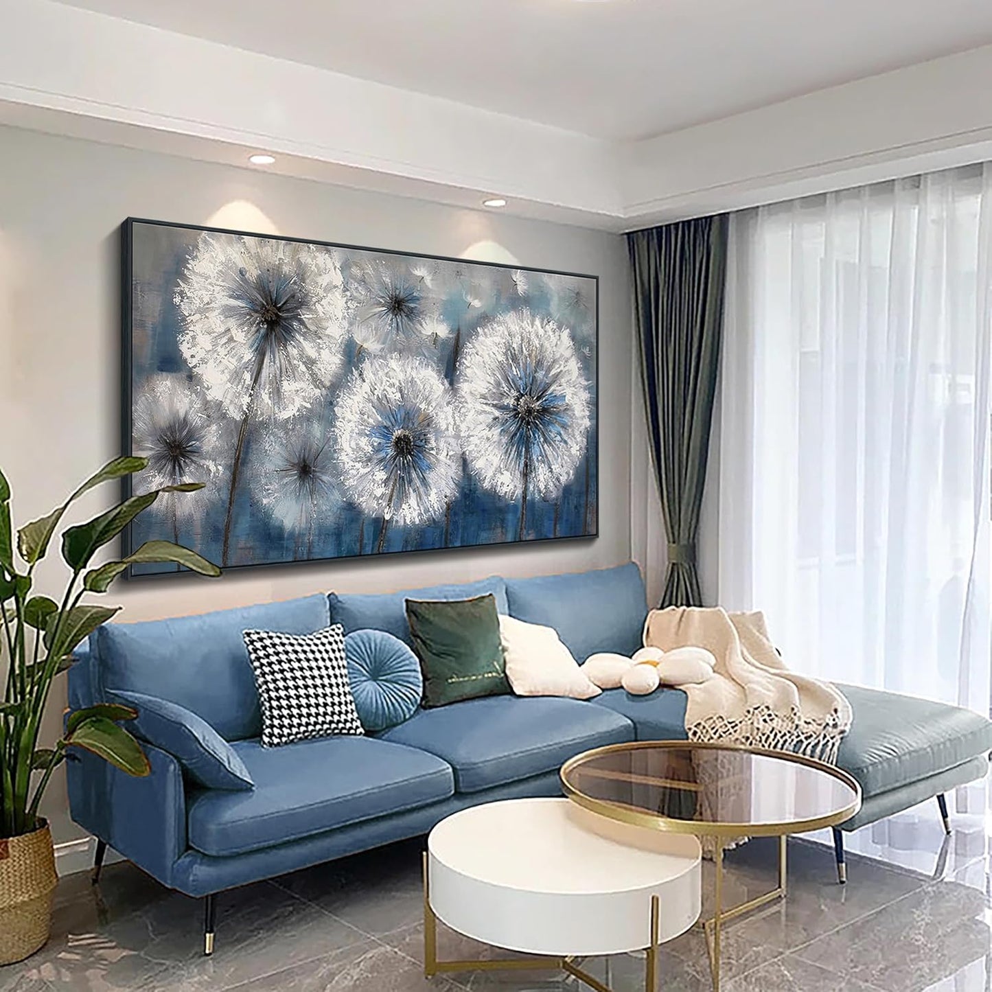 Framed Blue Dandelion Wall Art Decor Canvas Print Picture for Living Room White Flower Flora Plant Home Bedroom Painting Decoration Modern Framed Artwork size 24x48