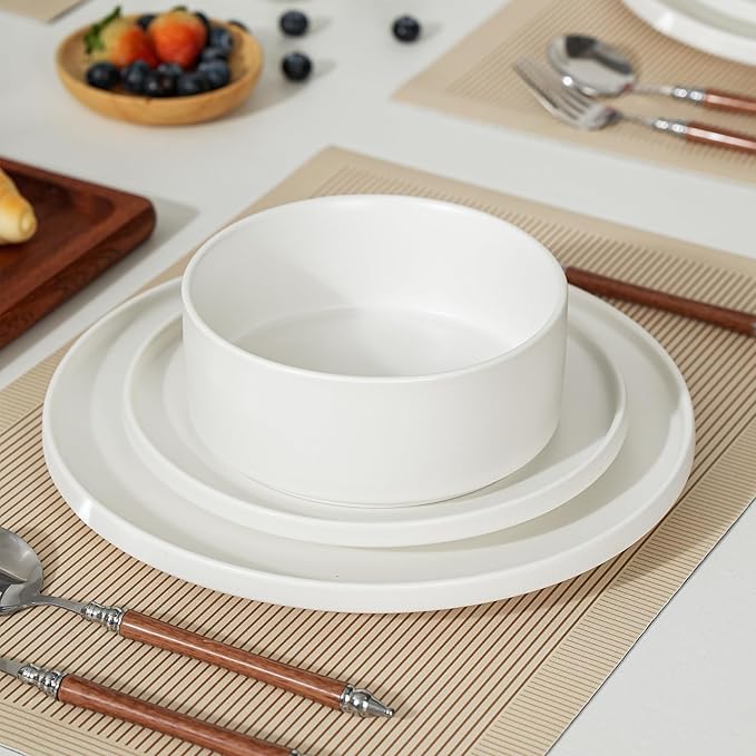 24 Piece Ceramic Dinnerware Set for 8, Modern Minimalist Stoneware Dinner Plates and Bowls, Microwave Safe, Dishwasher Safe, Versatile for All Seasons, Matte White