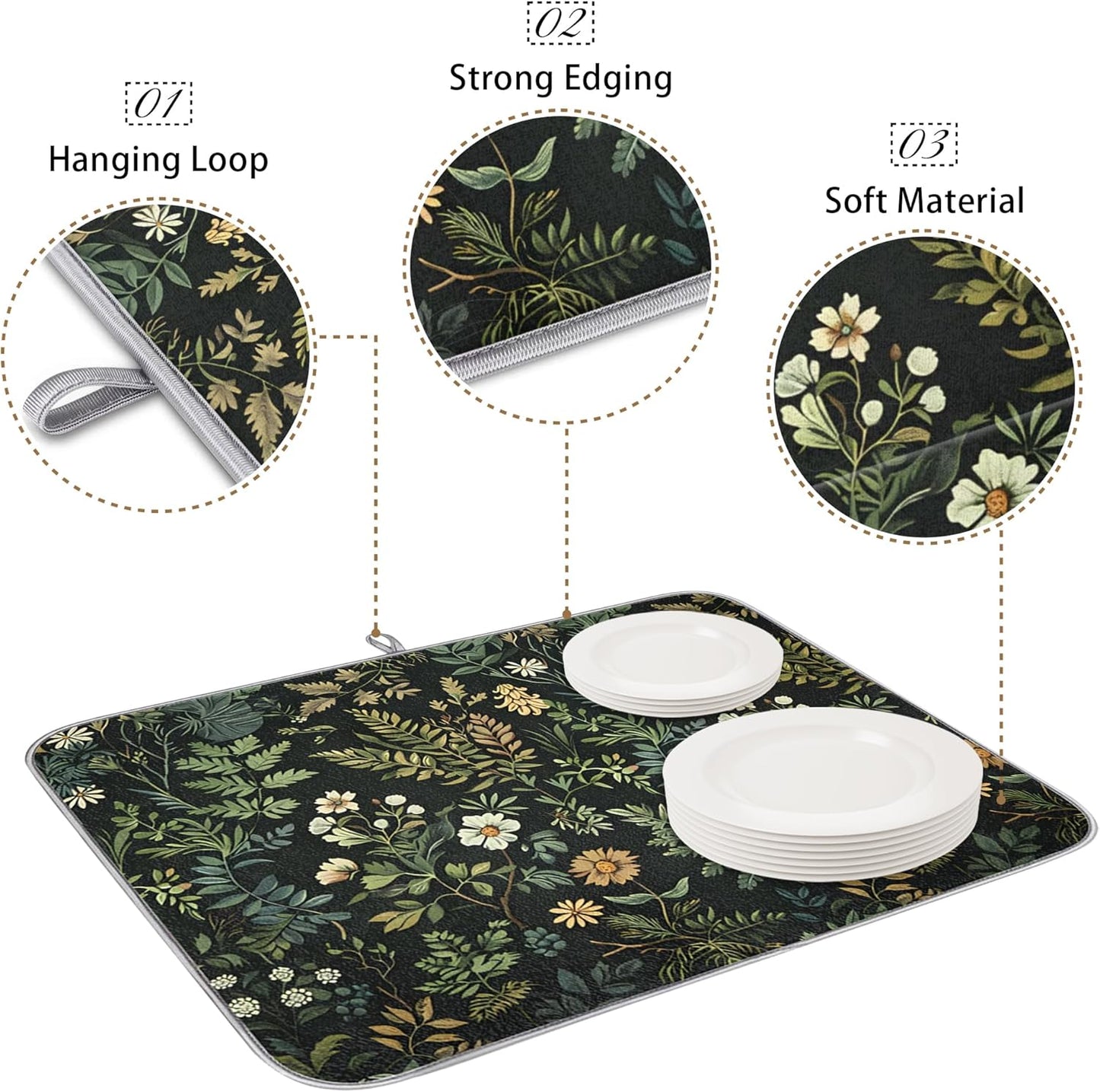 Dish Drying Mats for Kitchen - Green Leaves Wall Hanging Pad with Microfiber Fabric, Reusable Non-slip Absorbent Dishmats for Cook House Counter Coffee Bar Dining-tables, 18"x24"