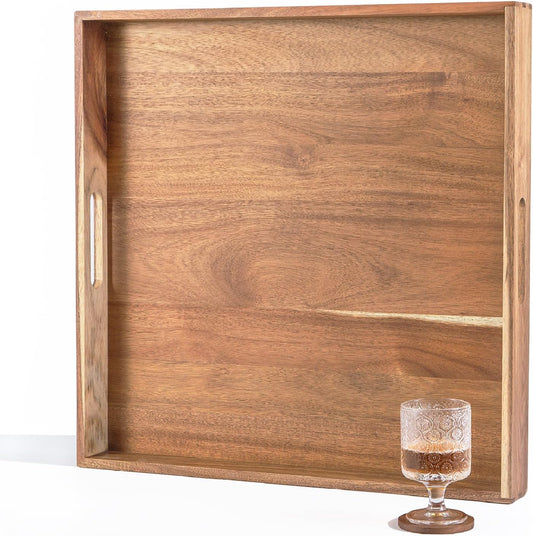 Wooden Serving Tray with Handles 22 Inch Extra Large Square Ottoman Tray Acacia Large Wood Trays Ottoman Living Room Wooden Trays