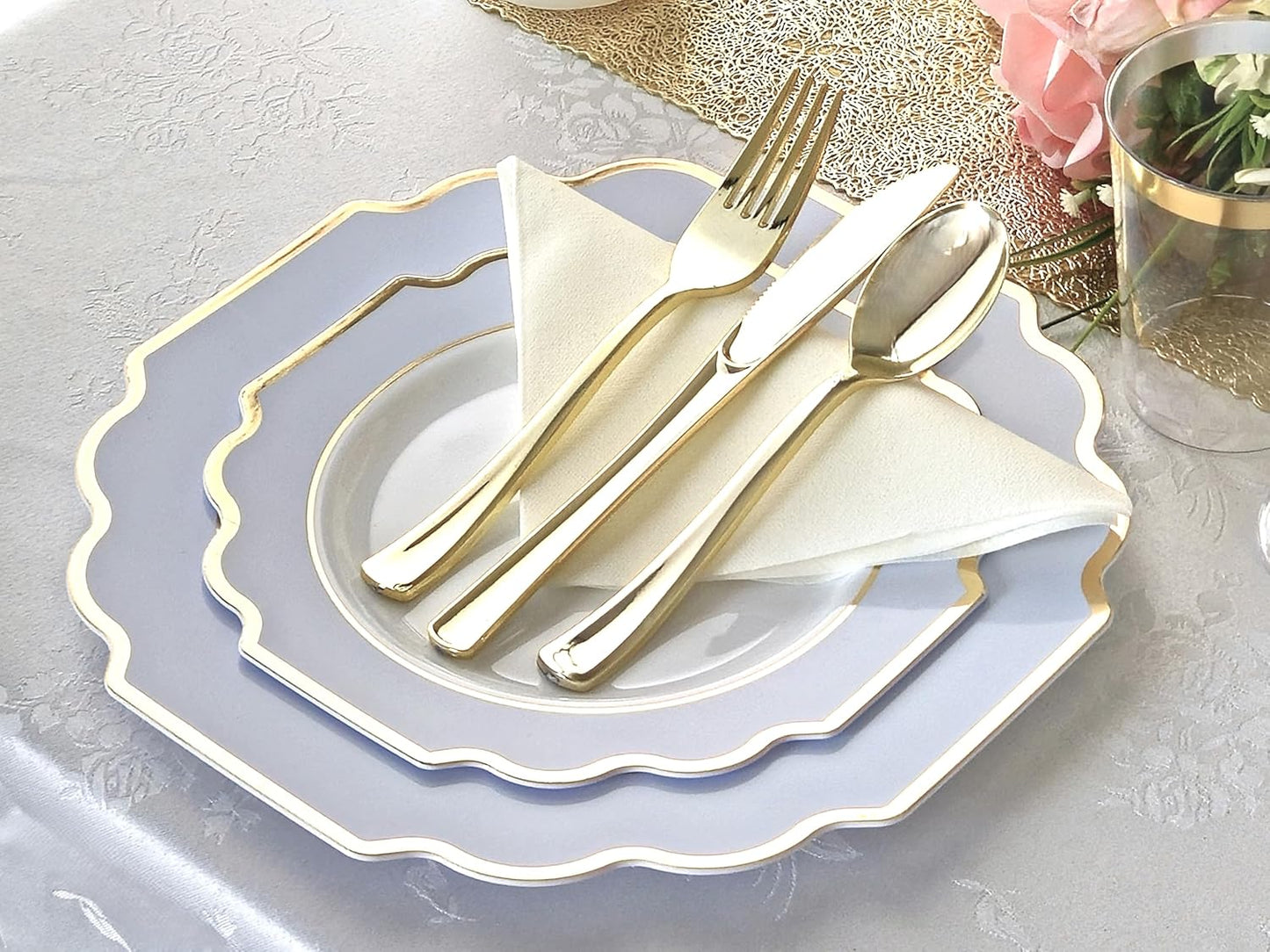 " OCCASIONS " 80 Plates Pack,(40 Guests) Heavyweight Wedding Party Disposable Plastic Plates Set -40 x 10.5'' Dinner + 40 x 8'' Salad/Dessert Plate (Imperial in White/Blue & Gold)