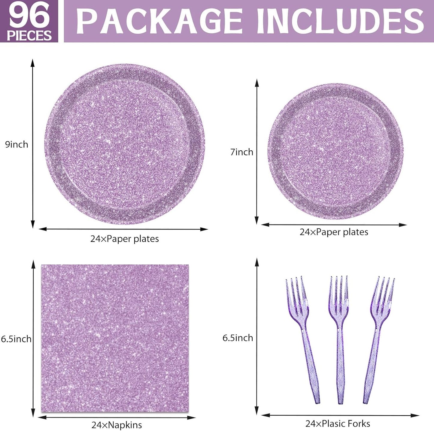 DTDO 96Pcs Pastel Purple Party Tableware Set Paper Plates and Napkins Purple Glitter Party Supplies Dinnerware Set for Women Girl Birthday Party Decorations Wedding Anniversary 24 Guests