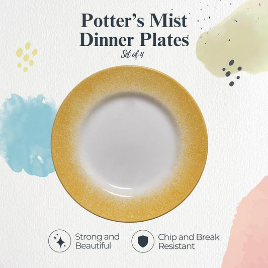 Portmeirion Potter's Mist Dinner Plate (Set of 4) - 10.5" Earthenware Plates with Classic Mist Rim - Microwave, Dishwasher, Freezer, Oven Safe - Ideal Modern Dinnerware Set (Yellow Mist)