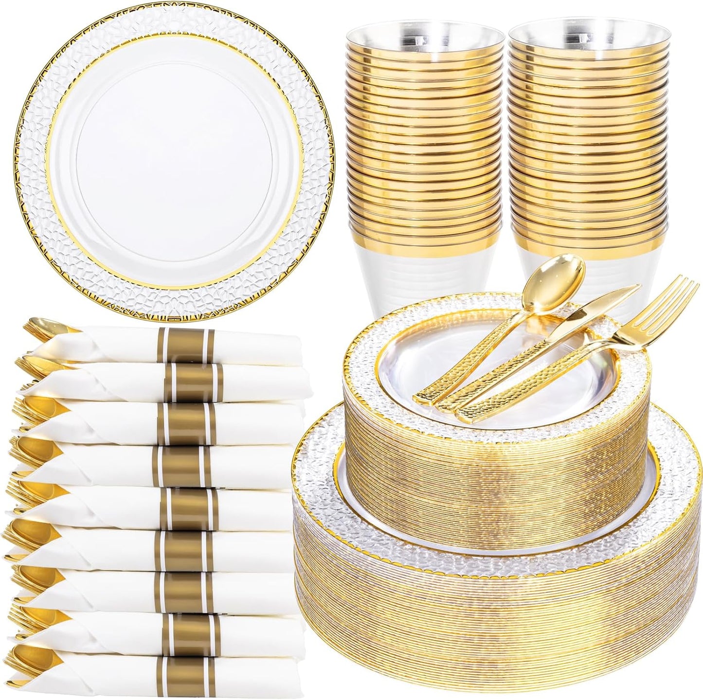 Ciaell 350PCS Clear Plastic Plates with Gold Trim for 50 Guests, Disposable Dinnerware Set for Wedding & Thanksgiving, Includes 100 Plastic Plates, 50 Pre Rolled Napkins with Gold Silverware, 50 Cups
