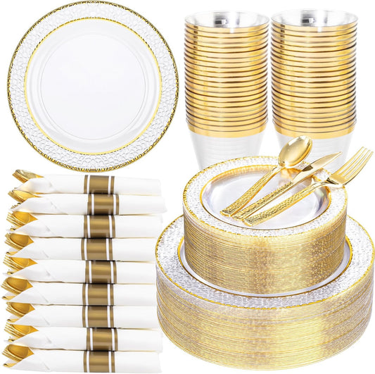 Ciaell 350PCS Clear Plastic Plates with Gold Trim for 50 Guests, Disposable Dinnerware Set for Wedding & Thanksgiving, Includes 100 Plastic Plates, 50 Pre Rolled Napkins with Gold Silverware, 50 Cups