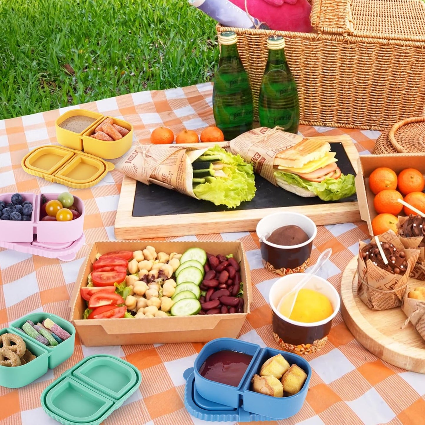 MACTANO 8.5 OZ Silicone Snack Container, 4 Sets Double Compartment Reusable Snack Box with Lids for Sauce