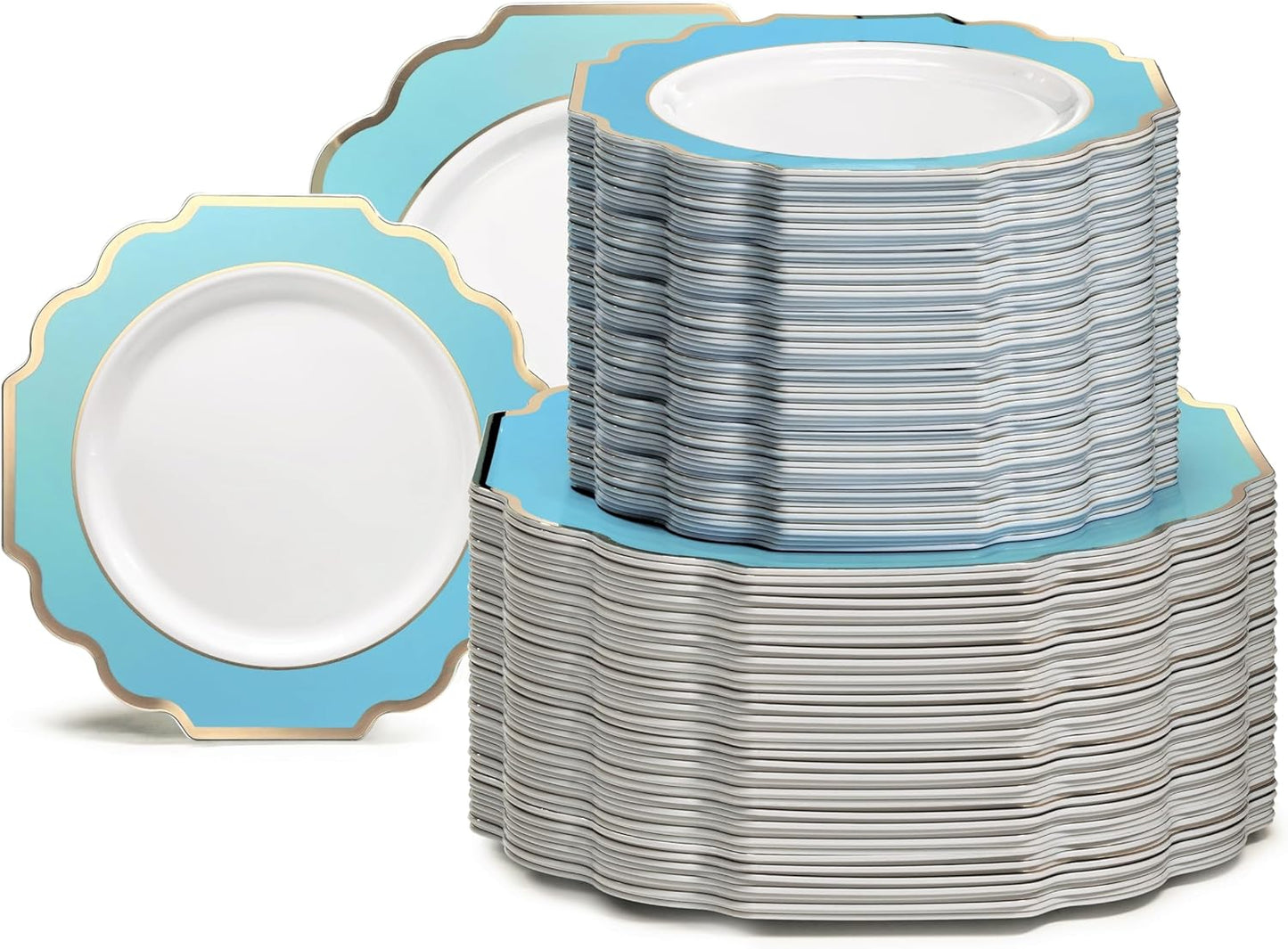" OCCASIONS " 240 Plates Pack (120 Guests) Heavyweight Wedding Party Disposable Plastic Plates Set -120 x 10.5'' Dinner + 120 x 8'' Salad/Dessert Plate (Imperial Aqua/Gold)