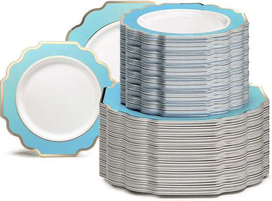 " OCCASIONS " 240 Plates Pack (120 Guests) Heavyweight Wedding Party Disposable Plastic Plates Set -120 x 10.5'' Dinner + 120 x 8'' Salad/Dessert Plate (Imperial Aqua/Gold)