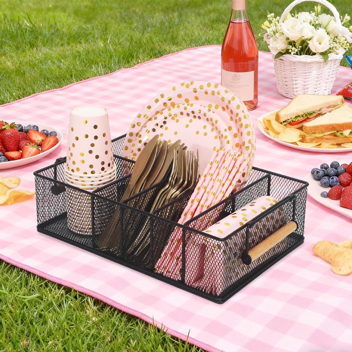 Paper Plate Holders with Wooden Handle for Countertop Cutlery Holder for Party Silverware Plastic Silverware Organizer Utensil Caddy for Kitchen,Picnic,Indoor/Outdoor Dinner Parties,BBQ