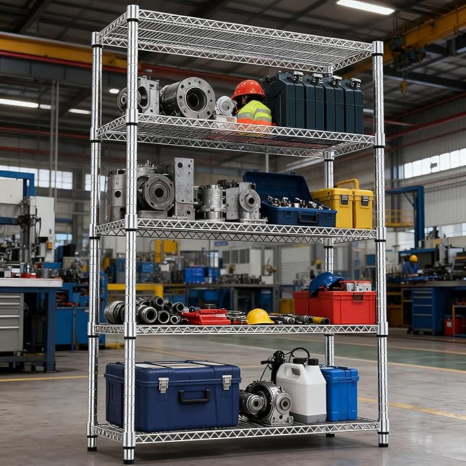 5 Tiers Shelf Metal Storage Shelves 3300 lbs Steel Storage Shelving Utility Shelving Unit Steel Organizer Wire Rack for Home,Kitchen,Office,Garage Chrome 17.7" D x 47.2" W x 70.3" H