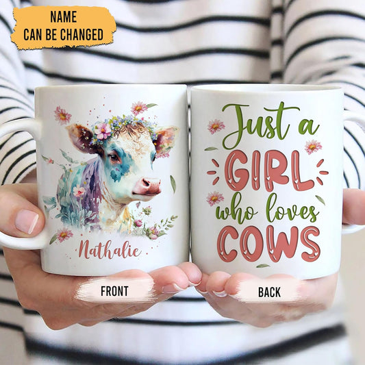 Hyturtle Personalized Gifts Cow Lover - Just A Girl Who Loves Cows Custom Name Ceramic Coffee Mug Cup 11oz - Idea Cute Animal Lover Gifts For Women, Girl Daughter On Birthday, Christmas