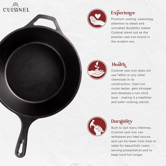 Cuisinel Cast Iron Skillet + Lid - 2-In-1 Multi Cooker - Deep Pot + Frying Pan - 3-Qt Dutch Oven - Pre-Seasoned Oven Cookware - Works for Bread, Indoor/Outdoor, Grill, Stovetop and Induction