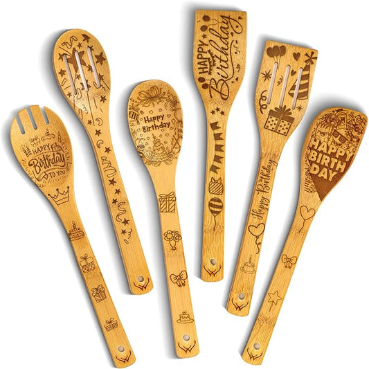 Wooden Spoons for Cooking - 6-Piece Wooden Utensil Set with Spatulas & Spoons, Heat-Resistant, Eco-Friendly Kitchen Utensils for Non-Stick Cookware (Birthday)