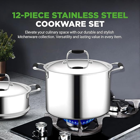 NutriChef 12-Piece Stainless Steel Kitchenware - Pots & Pans Set Clad Kitchen Cookware w/ Silicone Grip Handles, Fry Pan Interior Coated w/ Prestige Ceramic Non-Stick Coating, Stylish Kitchen Cookware