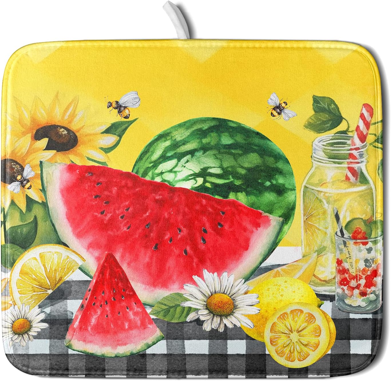 Summer Watermelon Dish Drying Mat Microfiber,Yellow Lemon Buffalo Plaid Dishes Drainer Mats 16x18 Inch,Absorbent Washable Large Drainer Rack Pad Protective Kitchen Counter Decor