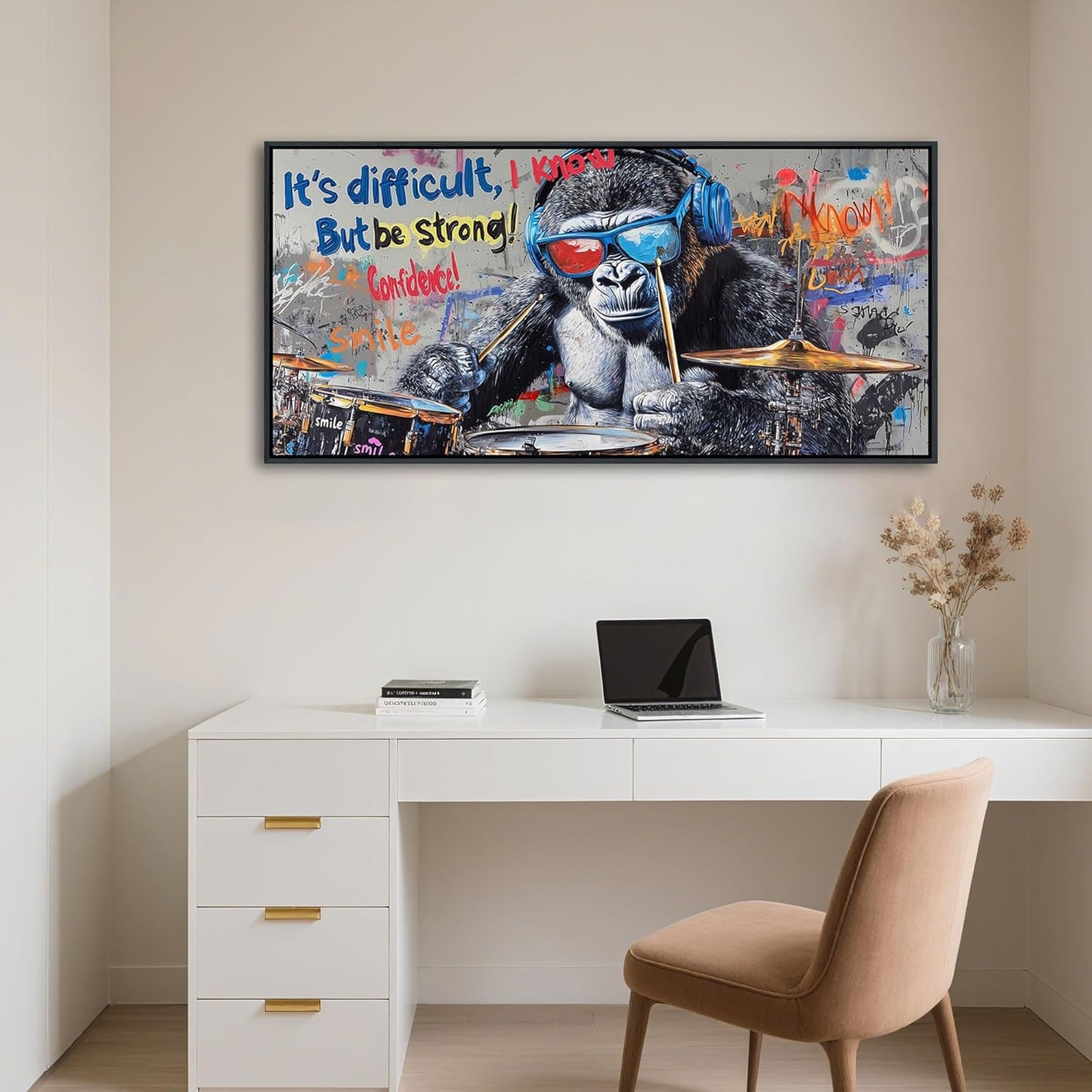 QZQCBLC Large Canvas Wall Art - Abstract Graffiti Gorillas Playing Drums Street Paintings Artwork Black White Pictures for Living room Bedroom Bar Men's Teenager Game Room Home Decor 24X48