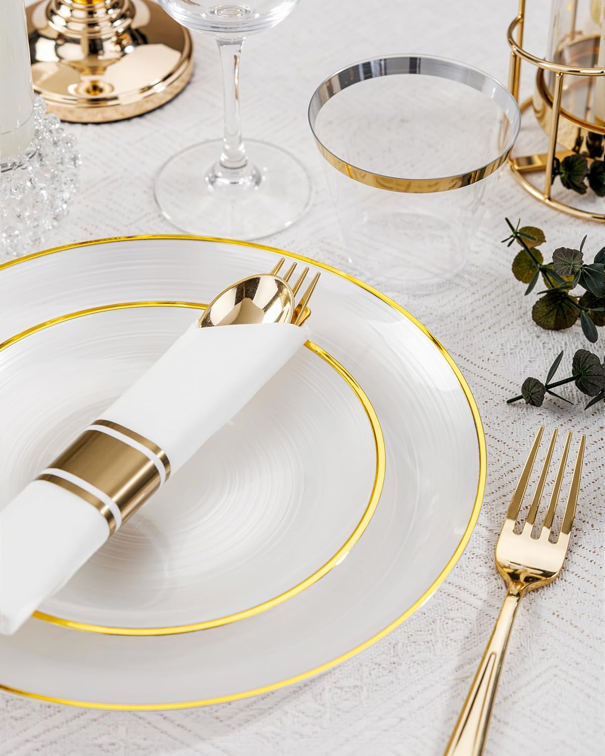 Morejoy 350PCS Pearl White and Gold Plastic Plates - Disposable Gold Party Plates & Pre Rolled Napkins with Cutlery for 50 Guests, 100Plates, 150Silverware, 50Cups, 50Napkin for Party & Thanksgiving