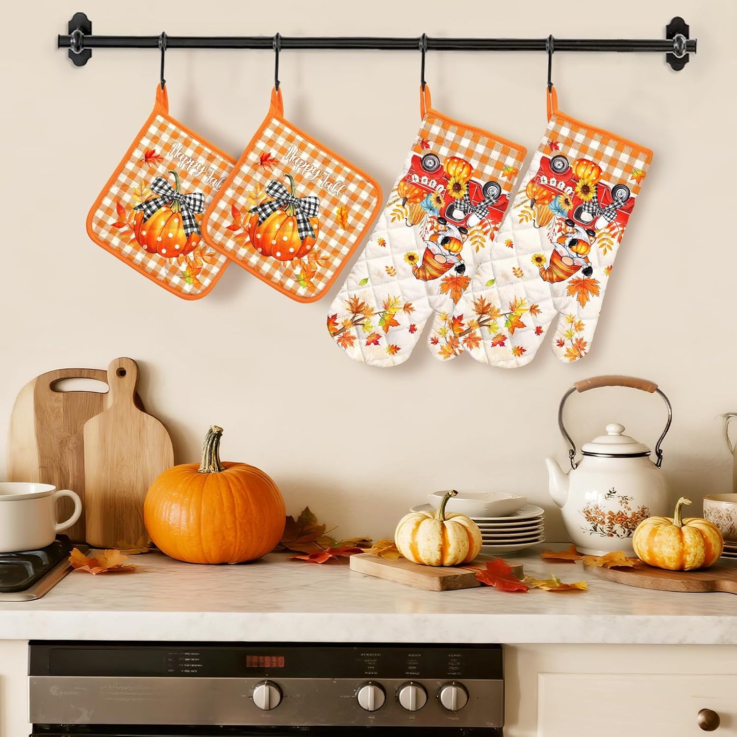 Fall Pumpkin Gnome Oven Mitts and Pot Holders Sets 4Pcs, 100% Cotton Heat Resistant, Extra Long Oven Gloves Potholder for Thanksgiving Kitchen Cooking Baking Decoration