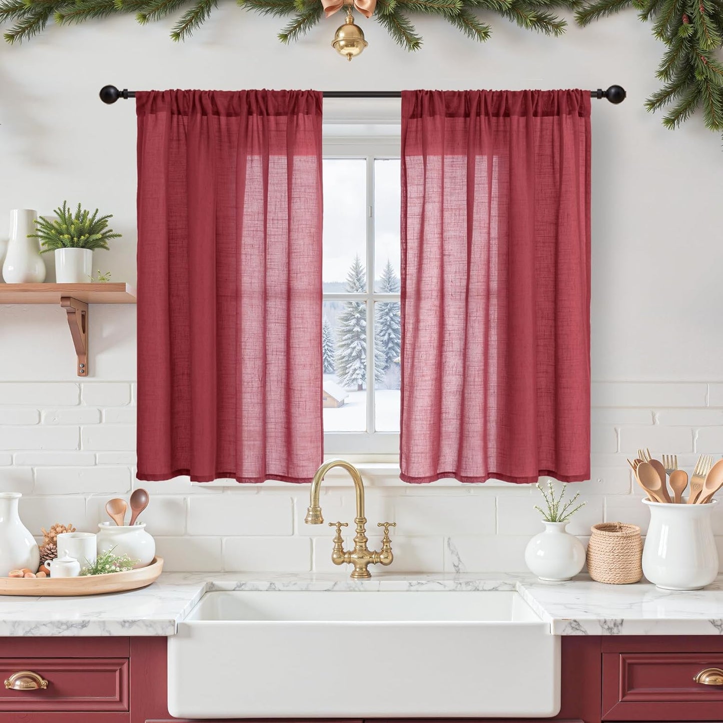 BGment Burgundy Linen Kitchen Curtains 40 Inch Length, Short Semi Sheer Drapes with Rod Pocket Christmas Holiday Decor for Cafe Bathroom Windows Lightweight, 2 Panels Set, Each 42 Inch Wide