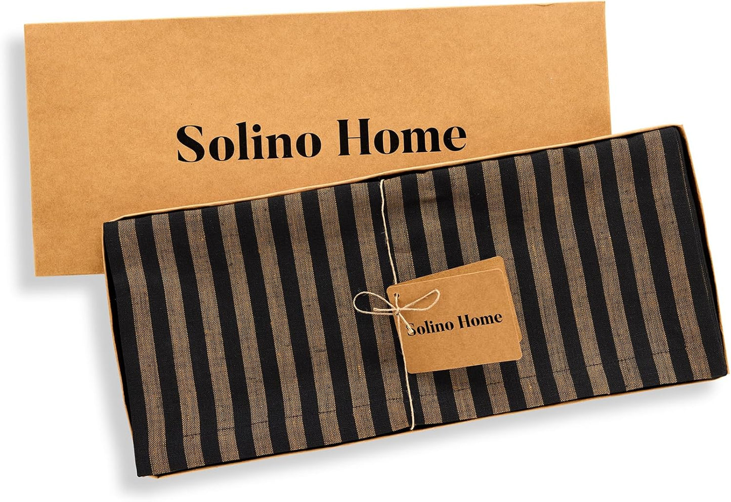 Solino Home Table Runner 72 Inches Long - Amalfi Stripe, 100% Pure Linen Brown Sugar and Black Table Runner 14 x 72 Inch for Dining, Dresser, Fall, Autumn, Thanksgiving