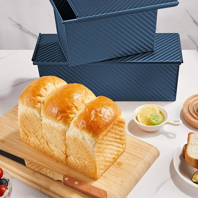 KITESSENSU Pullman Loaf Pan with Lid, 1 lb Dough Capacity Non-Stick Bakeware for Baking Bread, Carbon Steel Corrugated Bread Toast Box Mold with Cover,Blue