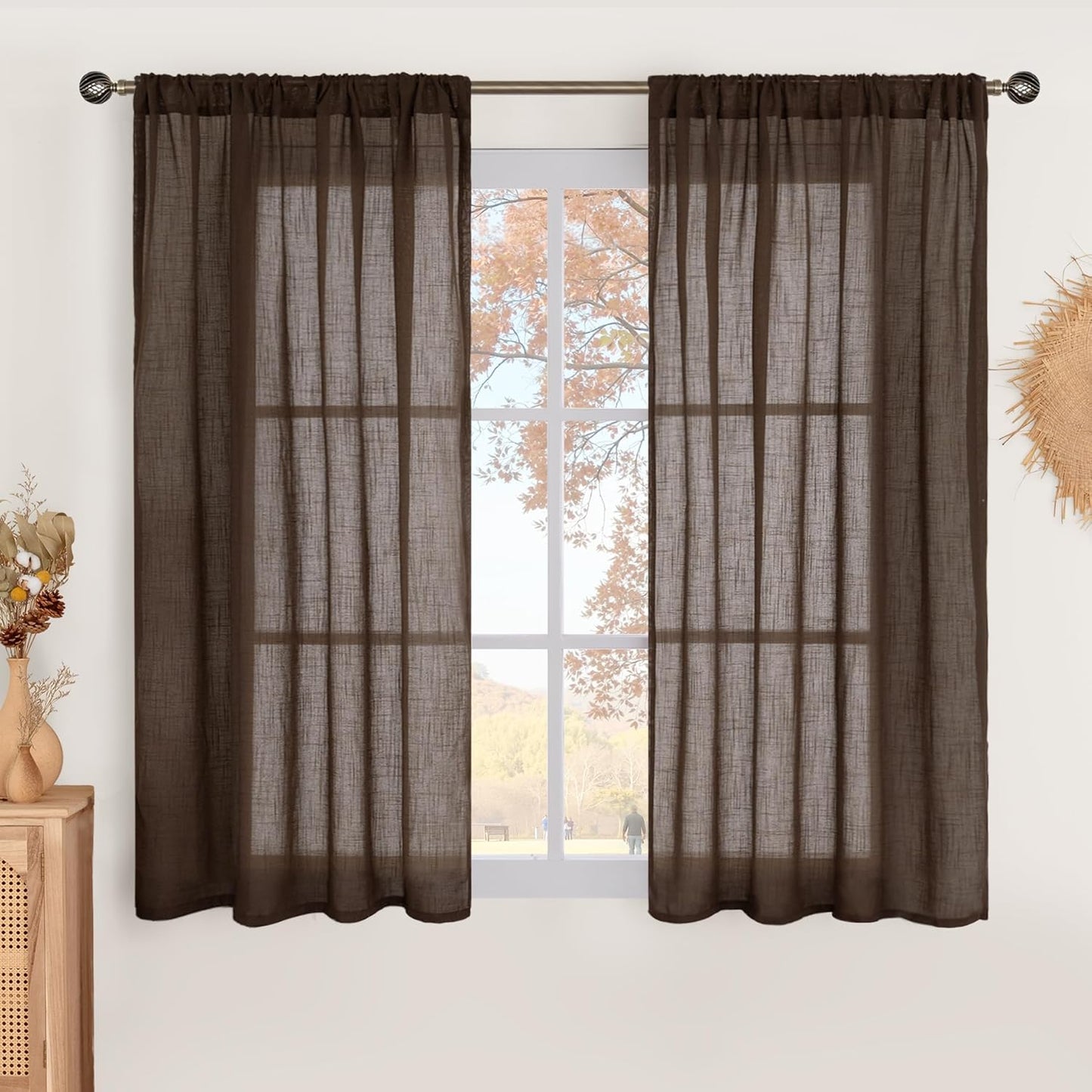 BGment Curtains 45 Inch Length for Short Window, Brown Linen Sheer Drapes for Small Bedroom Kitchen Cafe Bathroom Decor Lightweight Rustic Country Textured Rod Pocket, 2 Panels Set, Each 42 Inch Wide
