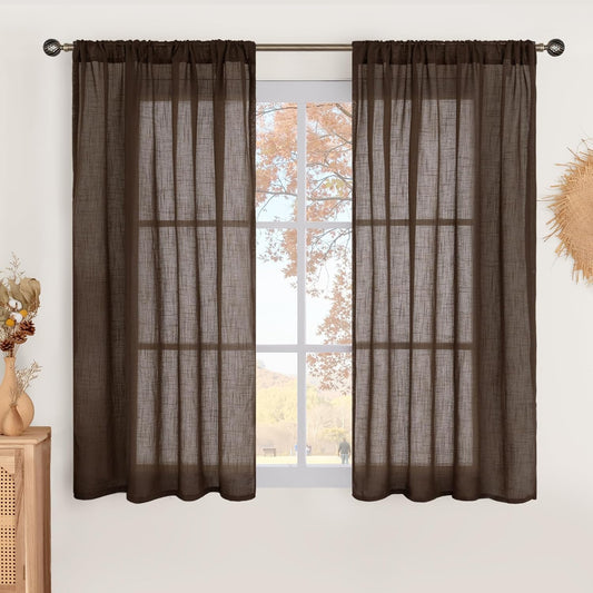 BGment Linen Curtains 54 Inch Length for Window, Brown Sheer Drapes Lightweight Rustic Country Textured for Farmhouse Bedroom Kitchen Cafe Bathroom Decor Rod Pocket, 2 Panels Set, Each 42 Inch Wide