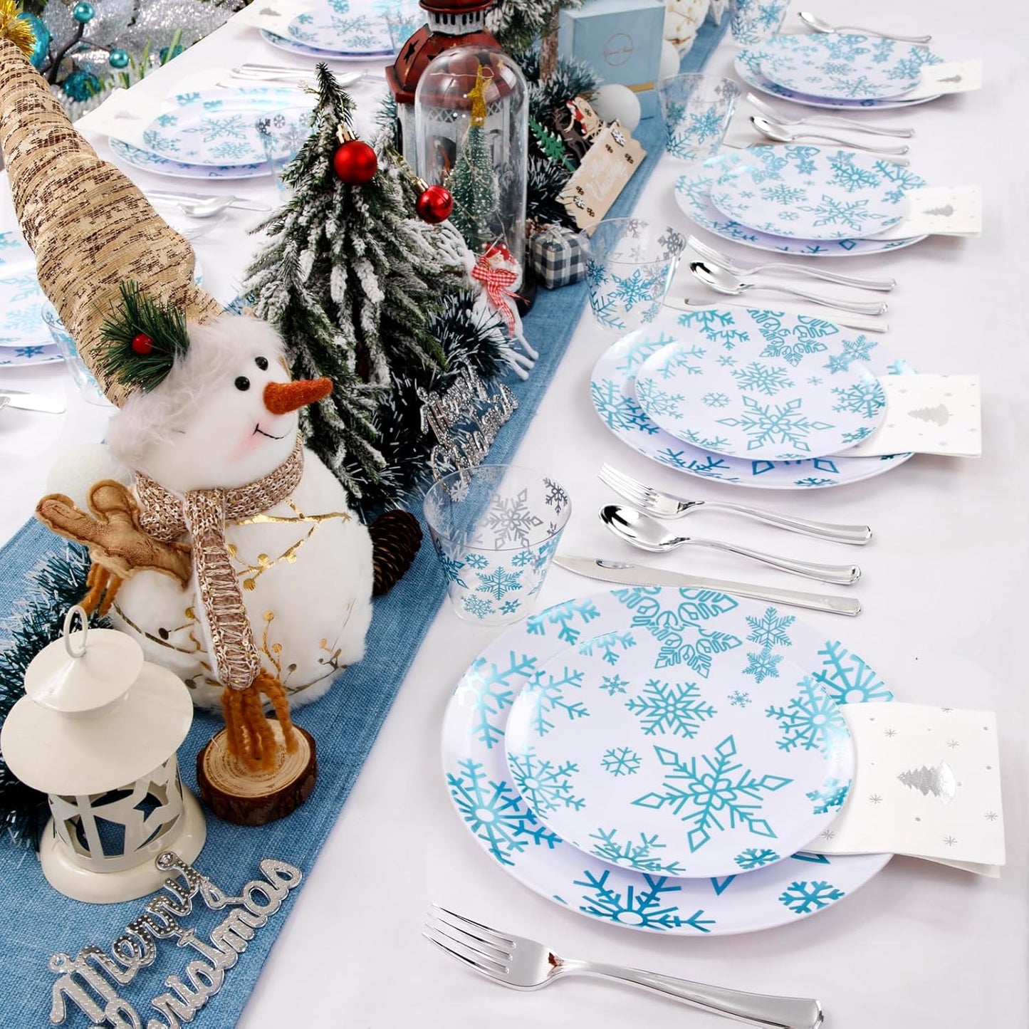 WDF 175Pcs Christmas Plates and Napkins Disposable Dinnerware Set for 25 Guests, White Blue Plates with Silverware, White Snowflake Cups and Festive Holiday Napkins Perfect for Christmas Winter