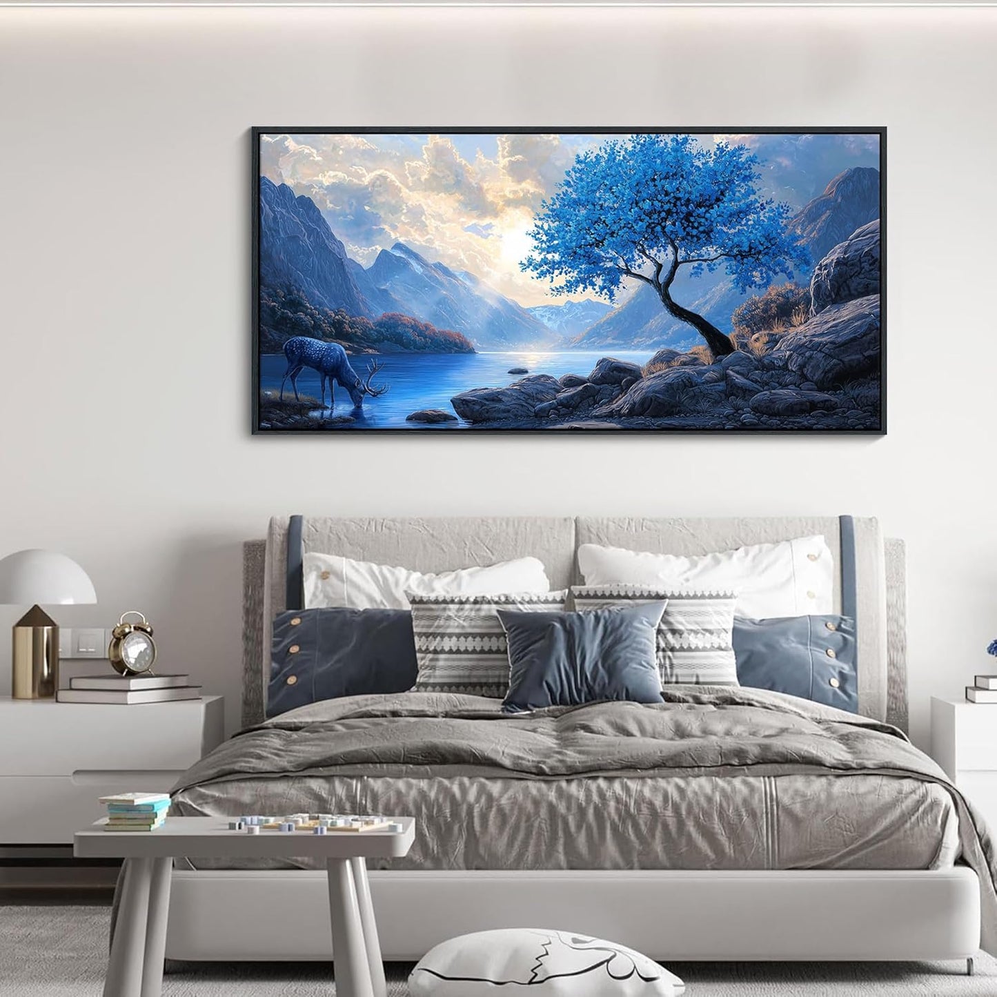 HKDGOKA Landscape Canvas Wall Art, Large Blue Gray Mountain Lake Tree Eagles Deer Framed Paintings Artwork Modern Wall Picture for Living Room Bedroom Kitchen Farmhouse Decor 24x48 IN