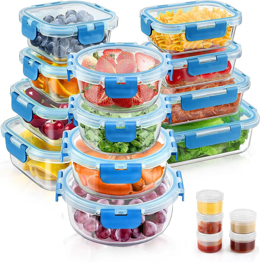 34pcs Glass Food Storage Containers with Lids Set, Airtight Glass Meal Prep Containers (17 Containers & 17 Lids), Leak Proof Lunch Containers BPA-Free, Microwave, Oven, Freezer, Dishwasher Safe-Blue