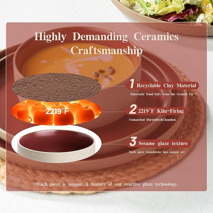12 Pieces Dinnerware Sets,Plates and Bowls Sets,Handmade Reactive Glaze Dishes Set for 4 with at Least 10% Recycled Ceramic and the Raw Texture of the Clay (Angora Red)