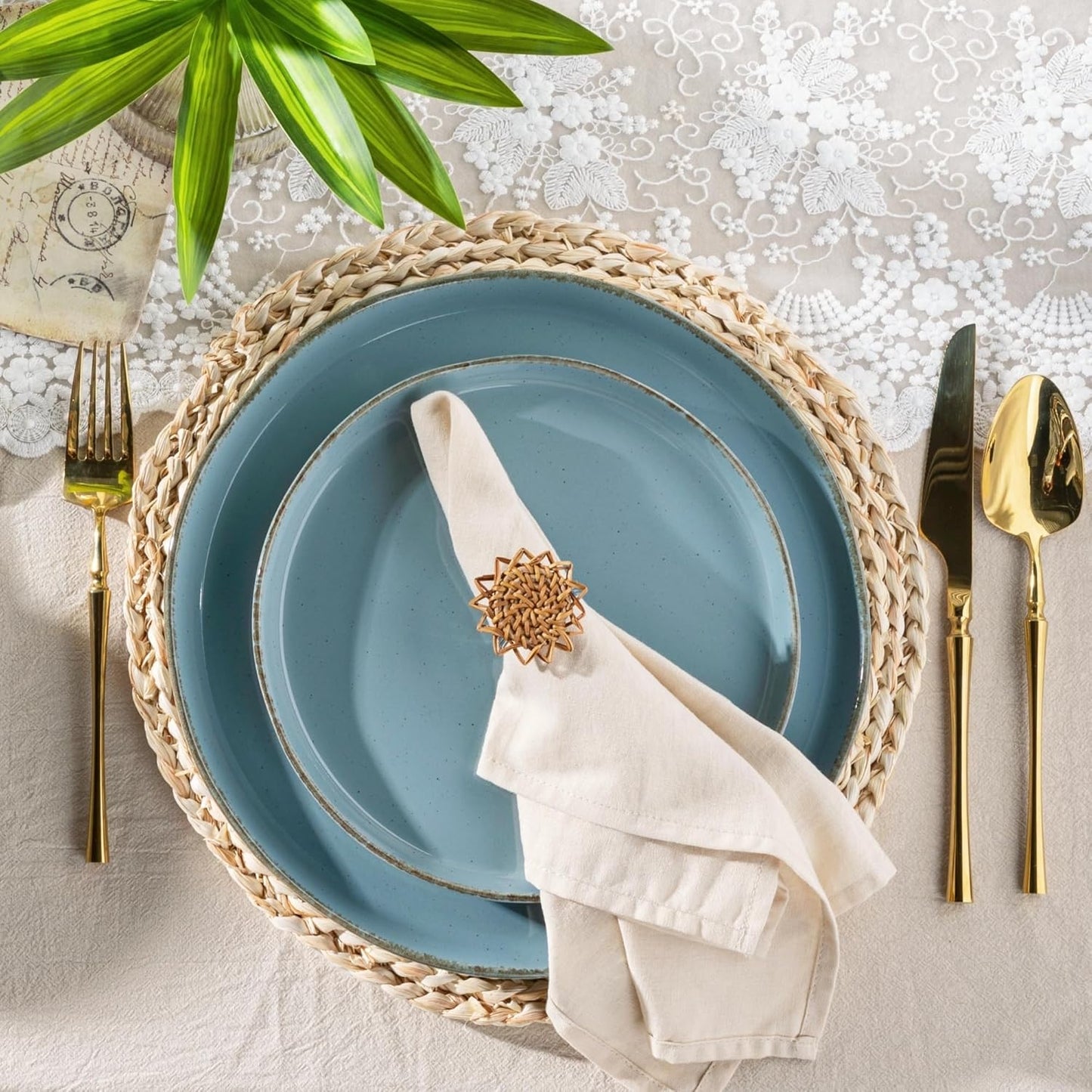 AmorArc Ceramic Dinnerware Sets for 4, 12 Pieces Handpainted Plates and Bowls Set with Rustic Terracotta Underside, Scratch Resistant Stoneware Dishes Set, Dishwasher & Microwave Safe