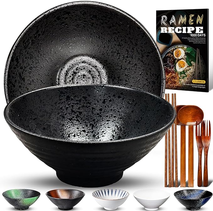 9.4Inch Ceramic Ramen Bowl Set of 2 (9 Piece) - Porcelain Japanese Salad Noodles Cereal Fruit Pasta Soup Large Bowls with Recipes Chopsticks Forks Spoons for Men Women Gift Microwave Dishwasher Safe